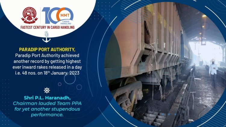 Paradip Port Authority achieved another record was 48 nos. of rakes achieve
