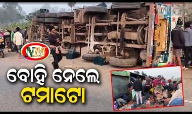 ଭାରସାମ୍ୟ ହରାଇ ଓଲଟିଲା ଟମାଟୋ ବୋଝେଇ ଟ୍ରକ୍‌, ଡ୍ରାଇଭର ଆହତ